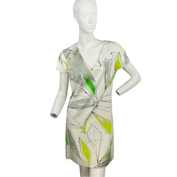 Milly Floral Graphic White Gray Green Cap Sleeve Sheath Dress Size 6 - Picture 2 of 12